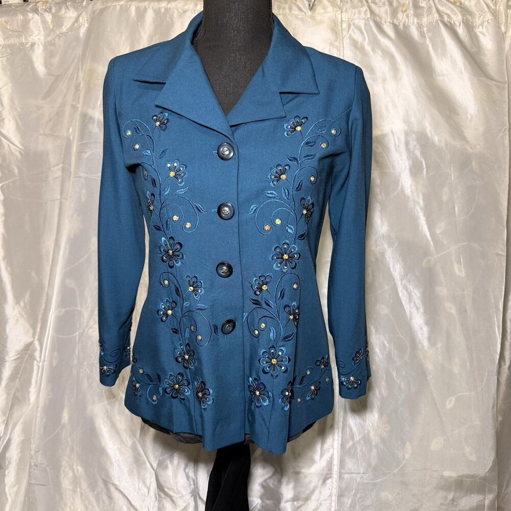 VTG Teal Blue Blazer Blouse Sequin Embroidered Beaded 80-90’s Bust 36”